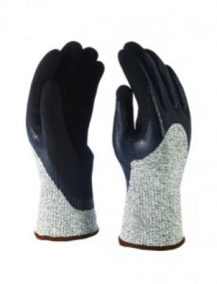 Szürke vágásbiztos kesztyű, fekete, dupla nitril mártással, 7