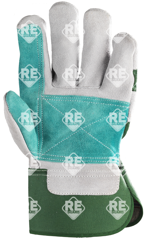 Bőrkesztyű, szürke hasíték, dupla bőr tenyér/zöld vászon_10