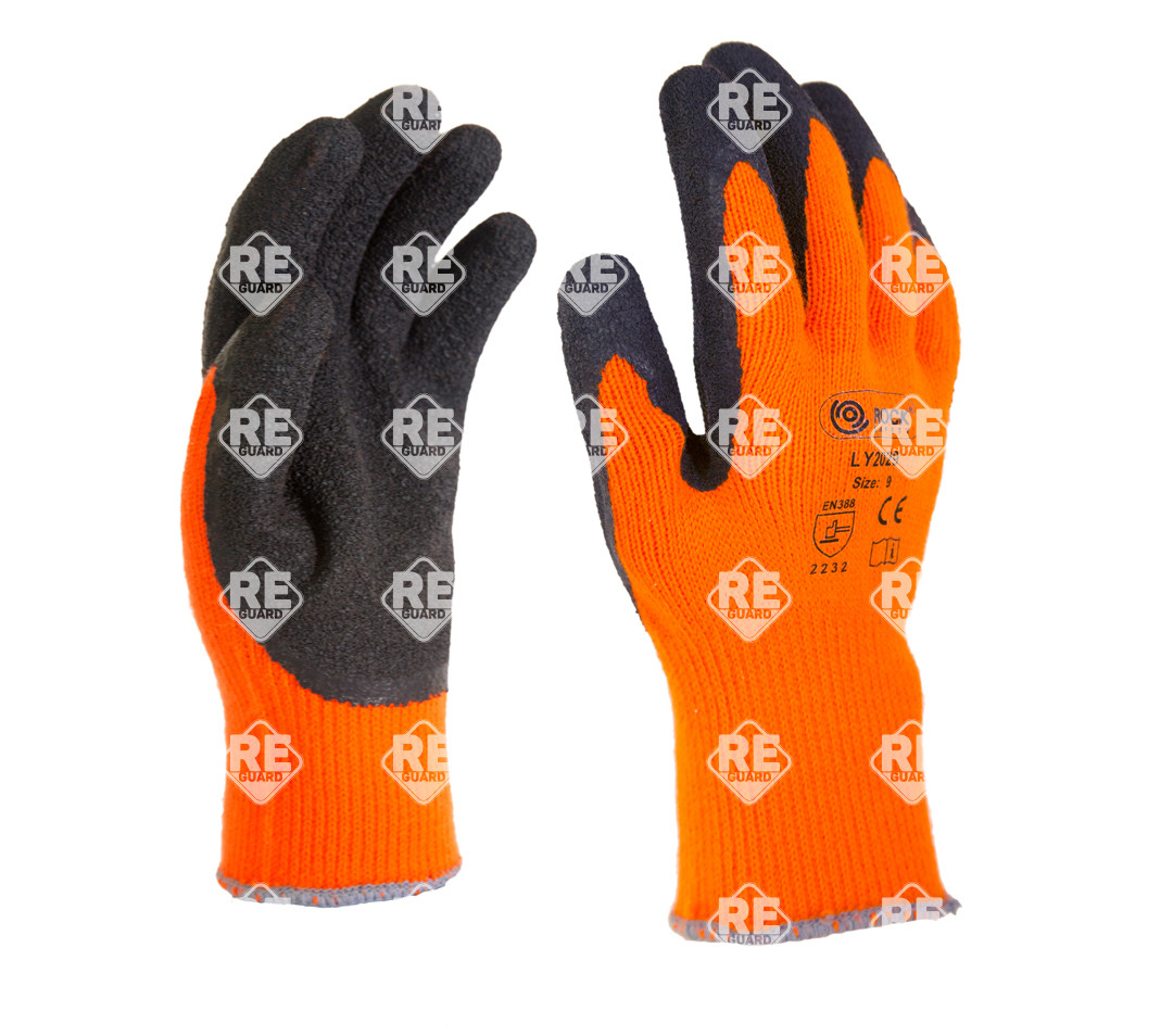 Kötött téli kesztyű, narancssárga, fekete latex mártással, 9, akril/lycra alapanyagból