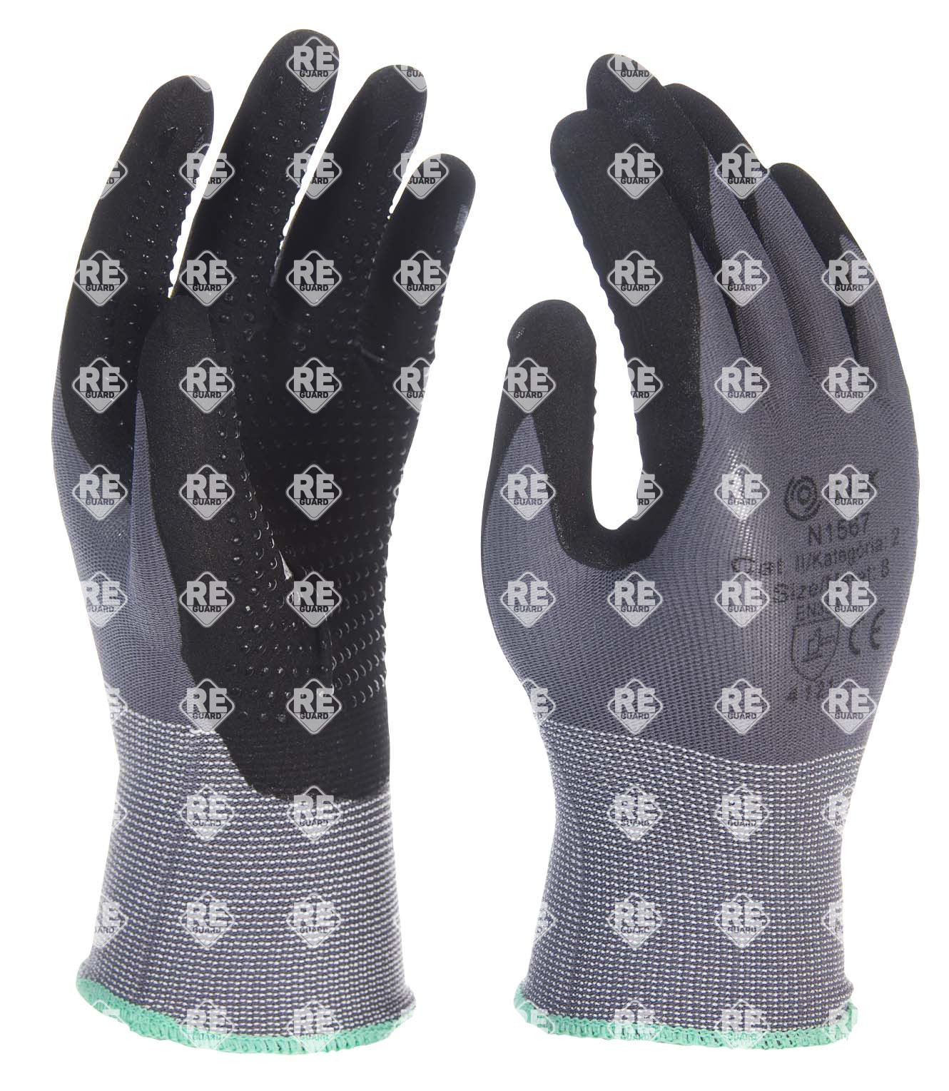 Szürke nylon/spandex kesztyű fekete mikro_ habnitril tenyérmártással, PU tenyérpontozással,  7