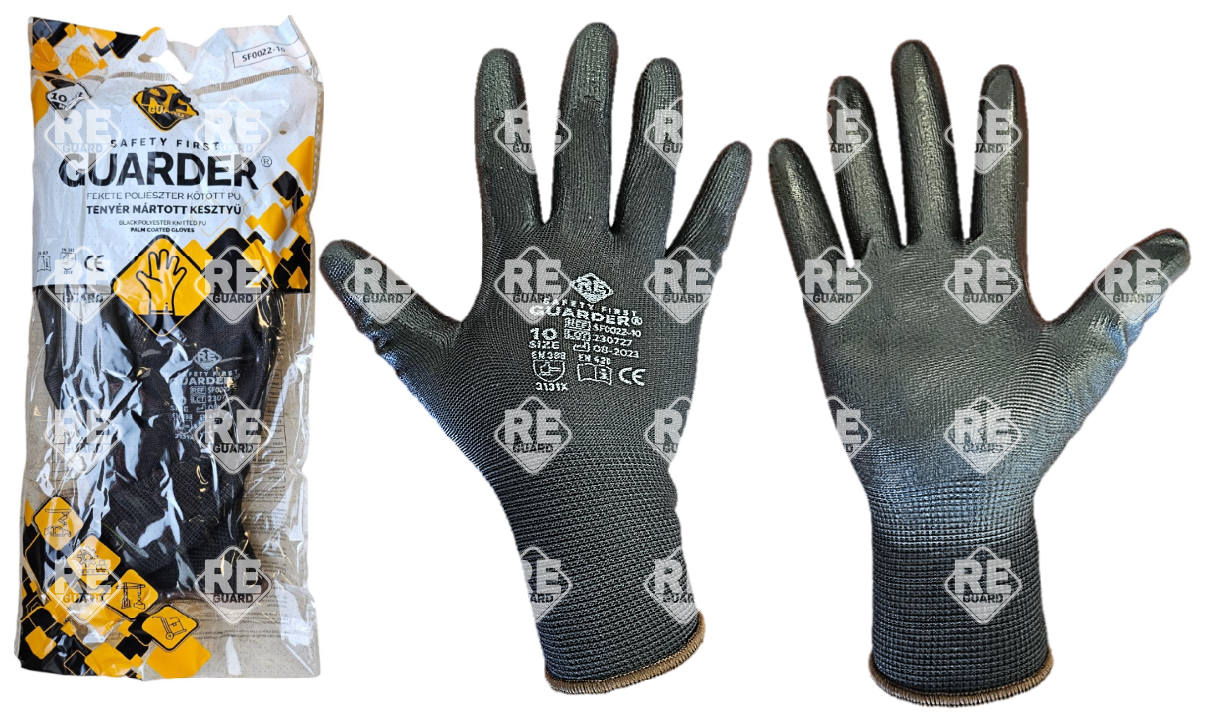 GUARDER Poliészter kesztyű, PU tenyérmártott, fekete méret: 6 (sárga)