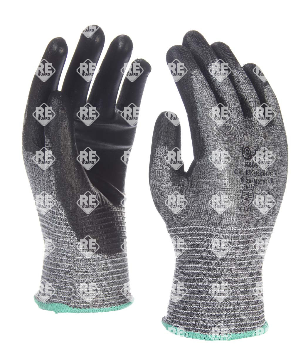 Szürke, vékony 3_as vágásbiztonságú kesztyű, fekete PU mártással, 6