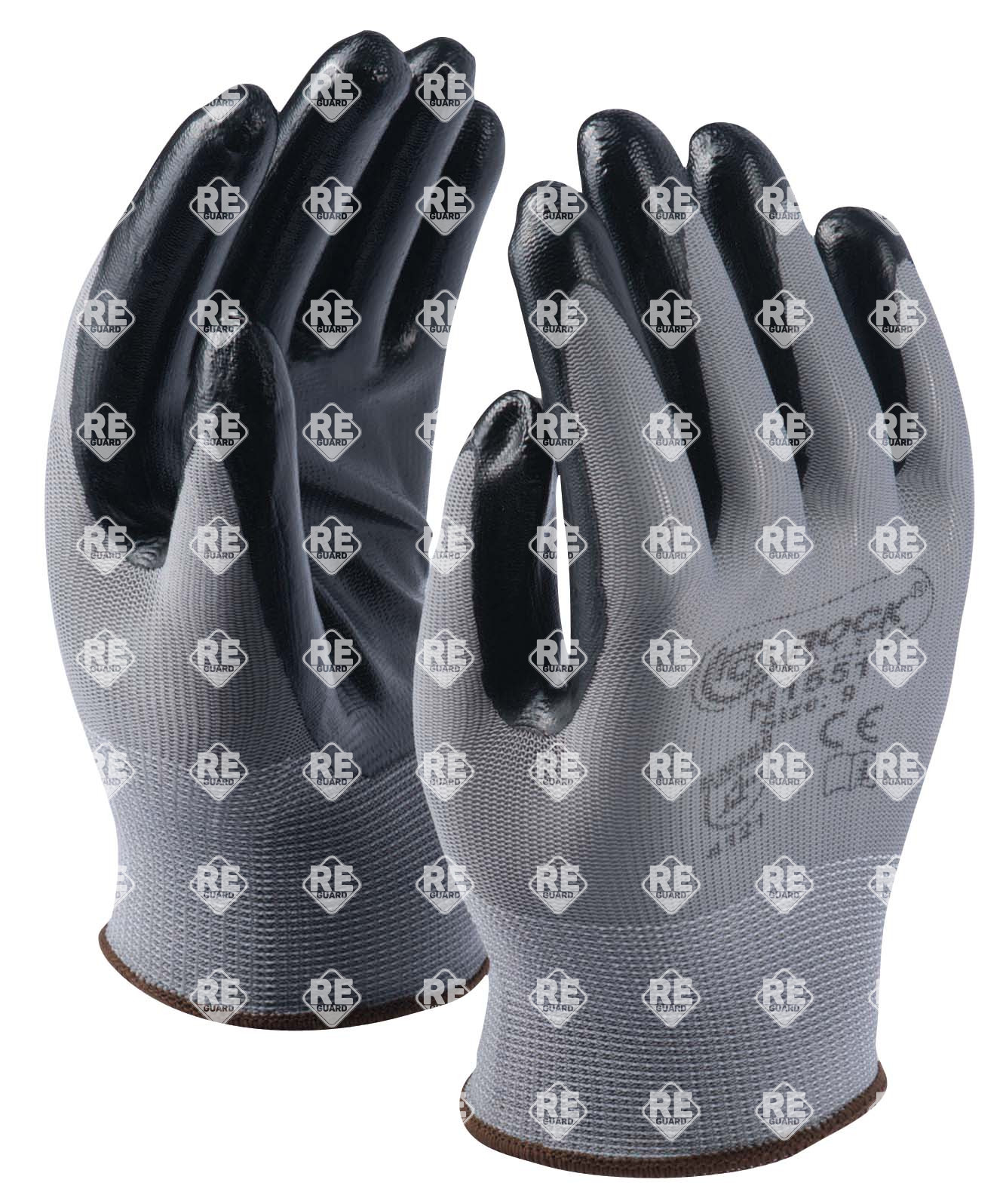 Poliészter kesztyű, szürke, fekete nirtil tenyéren mártott, 7