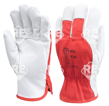 Bőrkesztyű, szürke színmarha/piros pamut, csuklógumi 8