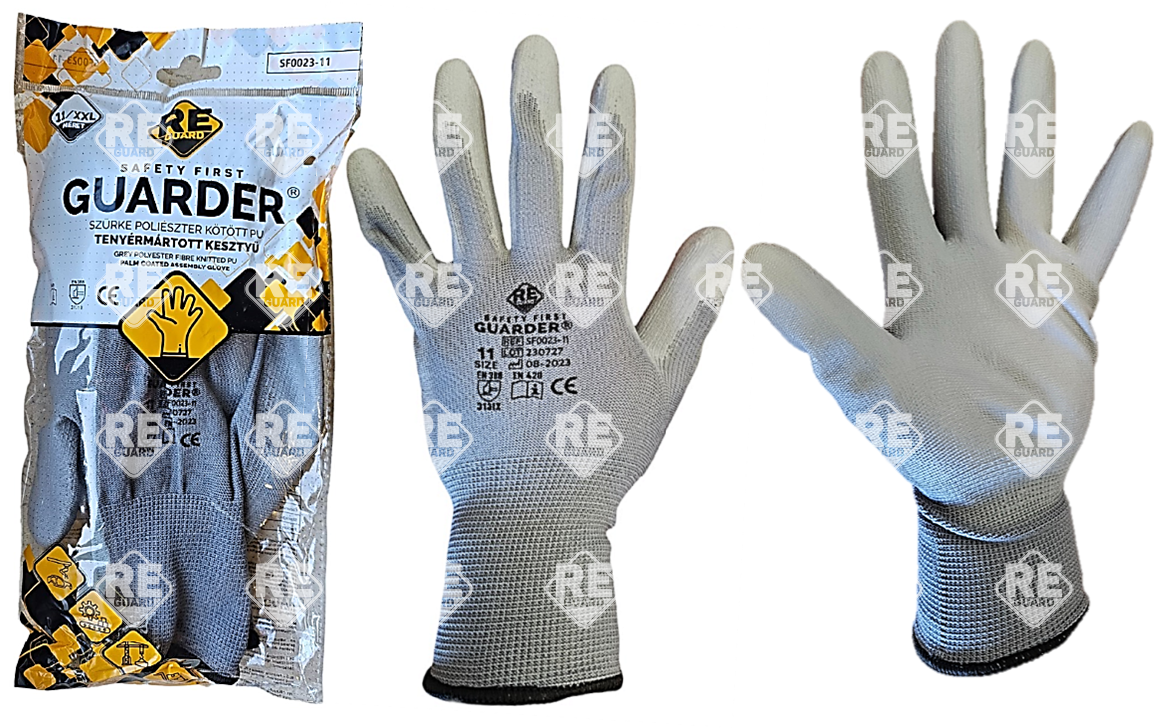 GUARDER Poliészter kesztyű, PU tenyérmártott, szürke méret: 7 (fehér)