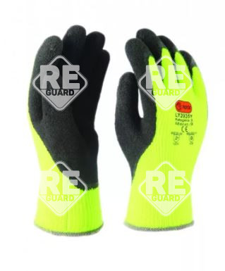 Kötött téli kesztyű, sárga, fekete latex hab mártással a tenyéren és a hüvelykujjon, 9, bolyhos